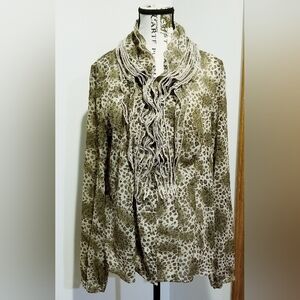 Essentials by Milano Animal Print Ruffle Semi Sheer Longsleeve Blouse Large